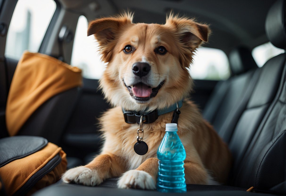 A fluffy dog sits in a car with a travel bed, water bottle, and toy. A leash and travel bowl hang from the seat