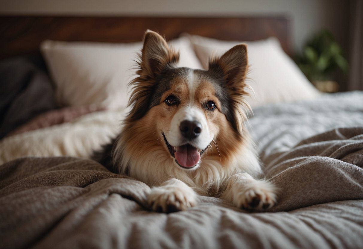 A fluffy senior dog lying on a cozy bed, surrounded by soft blankets and pillows. A gentle, comforting atmosphere with soft lighting and soothing background music