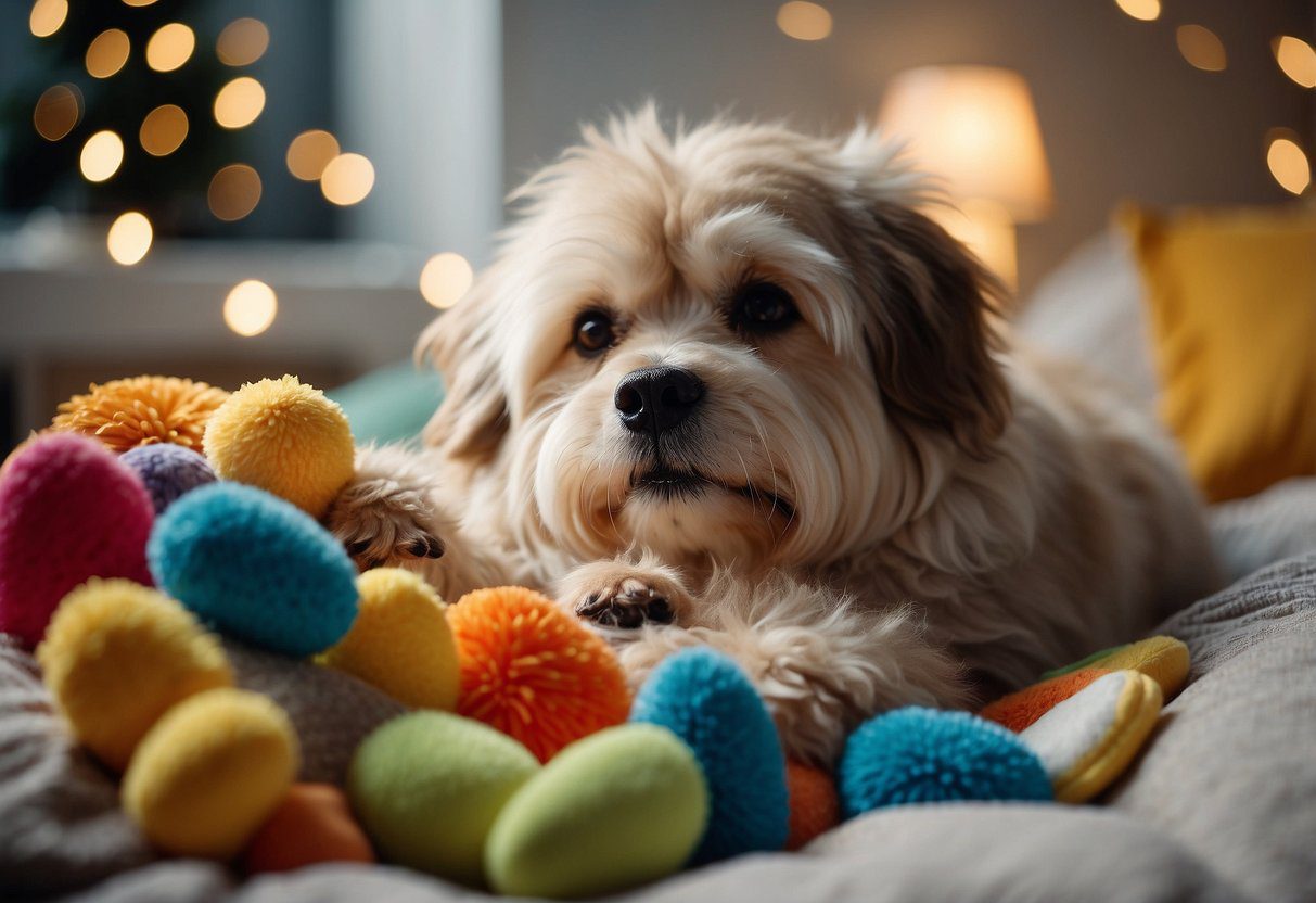 A gray-muzzled dog rests on a plush bed, surrounded by comforting blankets and toys. A veterinarian gently examines the dog's eyes and teeth, while a caregiver lovingly brushes its fur