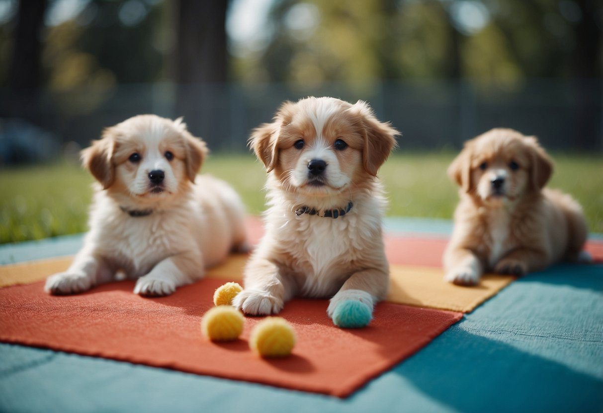 Fluffy dog puppies follow commands, sit, and stay on colorful mats during training sessions