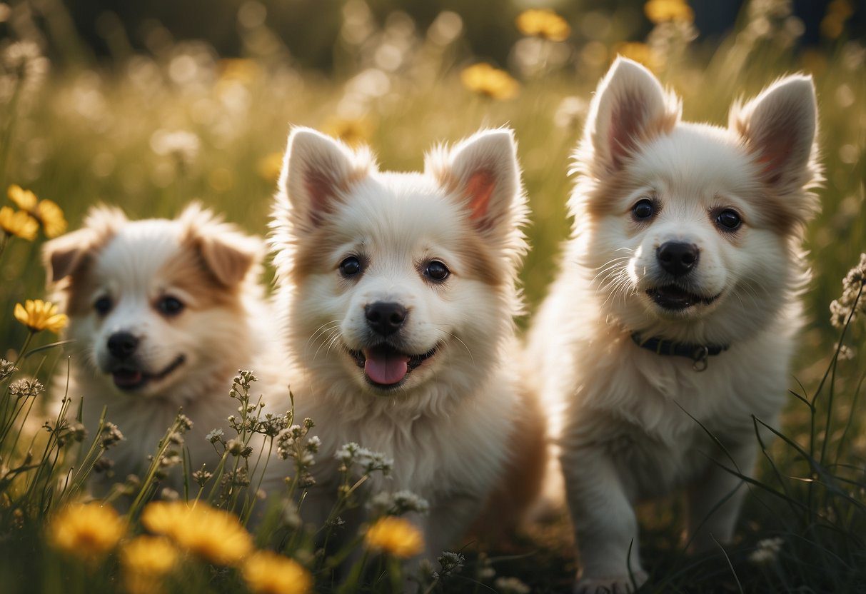 A litter of fluffy dog puppies playing in a sunlit meadow, surrounded by wildflowers and tall grass