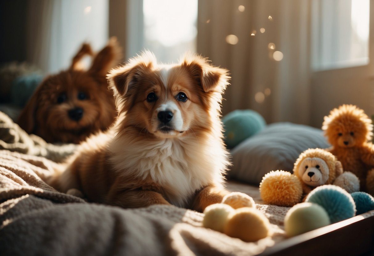 A fluffy pup sits on a cozy bed, surrounded by toys and a bowl of water. Sunlight streams in through a window, casting a warm glow on the scene