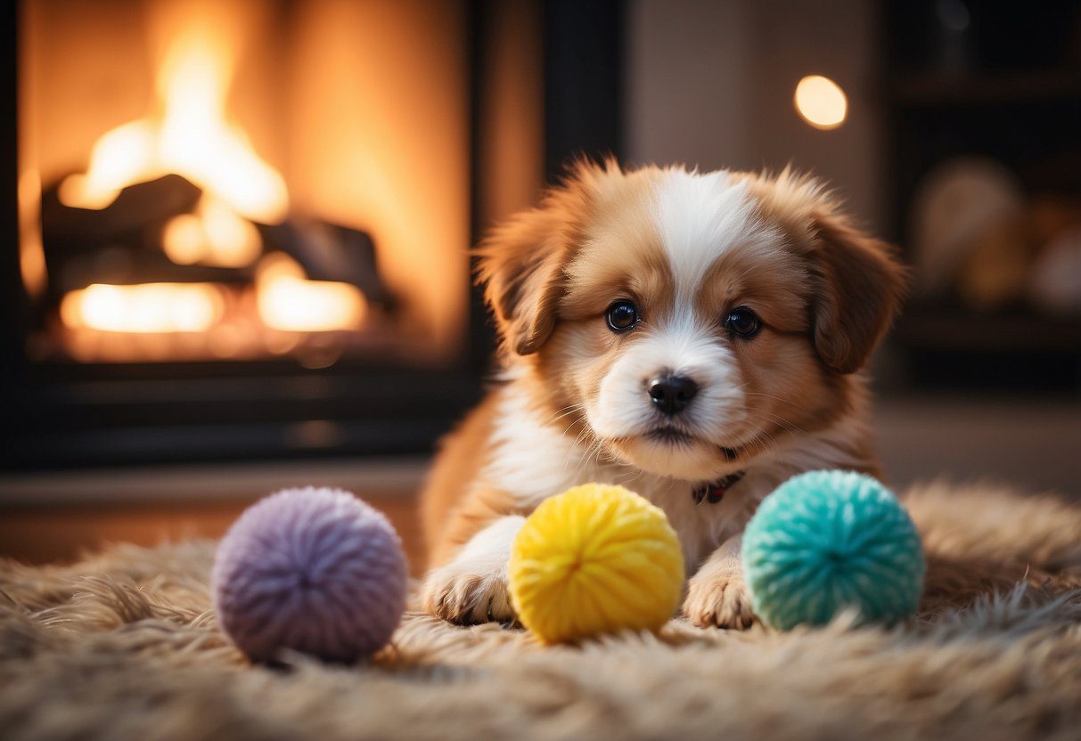 Fluffy dog puppies playing in a cozy living room with toys scattered around and a warm fireplace glowing in the background