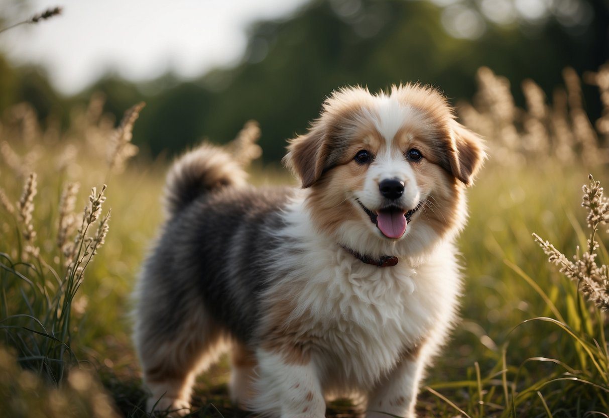 Fluffy dog puppies play in a field, showcasing their unique coats in various colors and textures