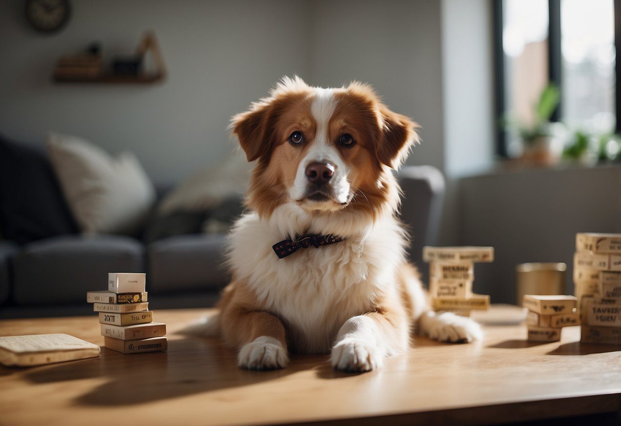 A fluffy dog surrounded by question marks and myth-related objects