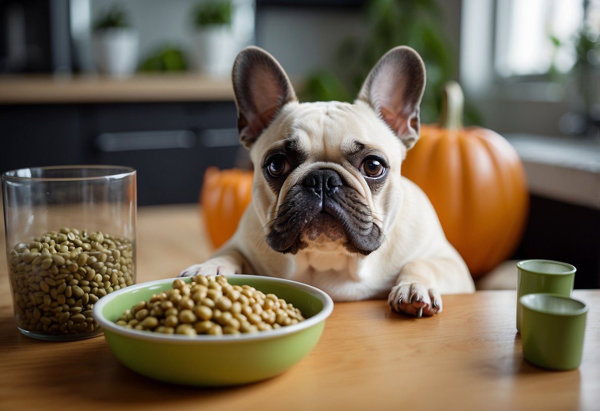 A French bulldog eagerly eats from a bowl of homemade dog food, with nutritional boosters like vegetables and supplements nearby