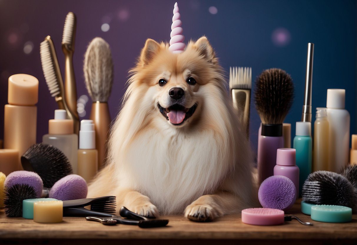 A fluffy dog being brushed and groomed, surrounded by various grooming tools and products. Mythical symbols (e.g. unicorn horn) scattered around