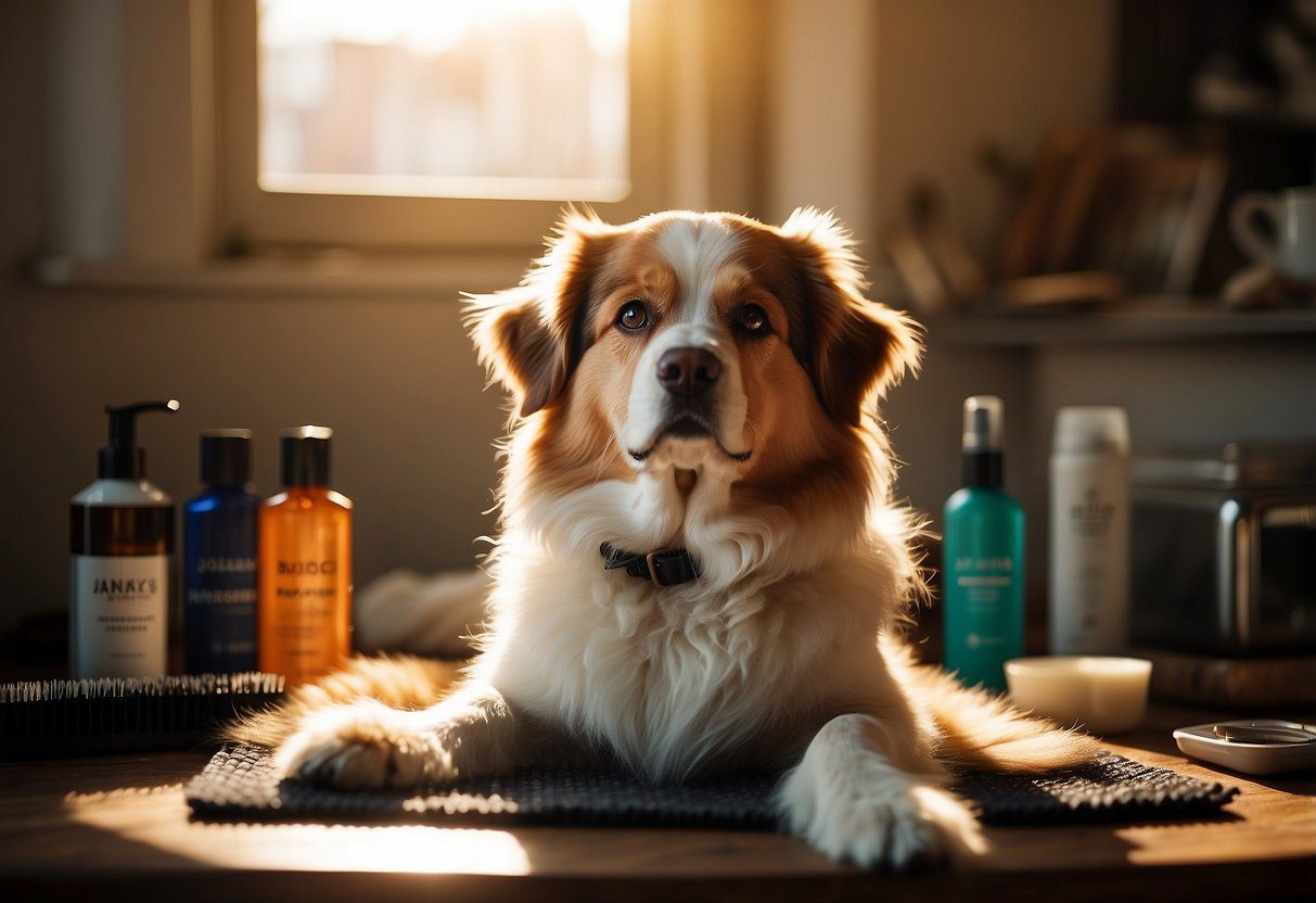 A fluffy dog sits on a plush grooming mat surrounded by brushes, combs, and bottles of shampoo. The sun streams through a window, casting a warm glow on the scene