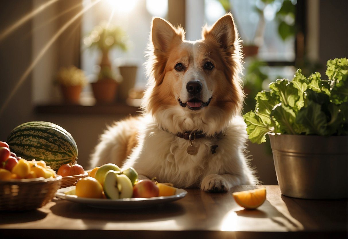 A fluffy dog happily eats a balanced meal surrounded by fresh fruits and vegetables, with a water bowl nearby. The sun shines through a window, casting a warm glow on the scene