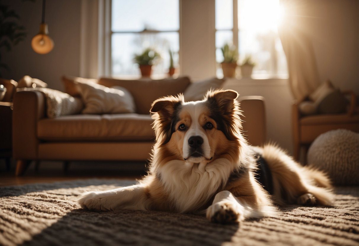 A cozy living room with a fluffy dog lounging on a plush rug, surrounded by toys and a comfy dog bed. Sunlight filters through the window, casting a warm glow over the scene