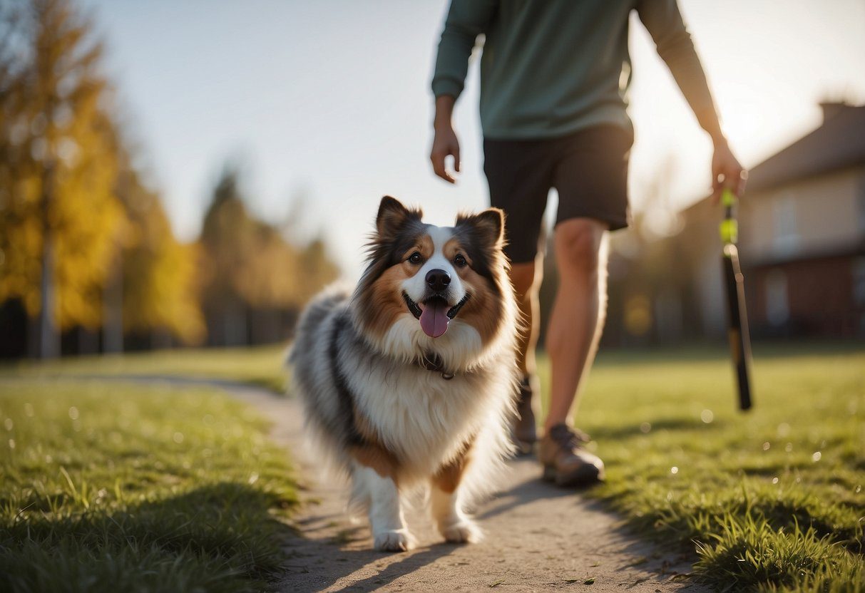 A fluffy dog eagerly follows commands, wagging its tail. It walks beside its owner, enjoying outdoor activities and training exercises