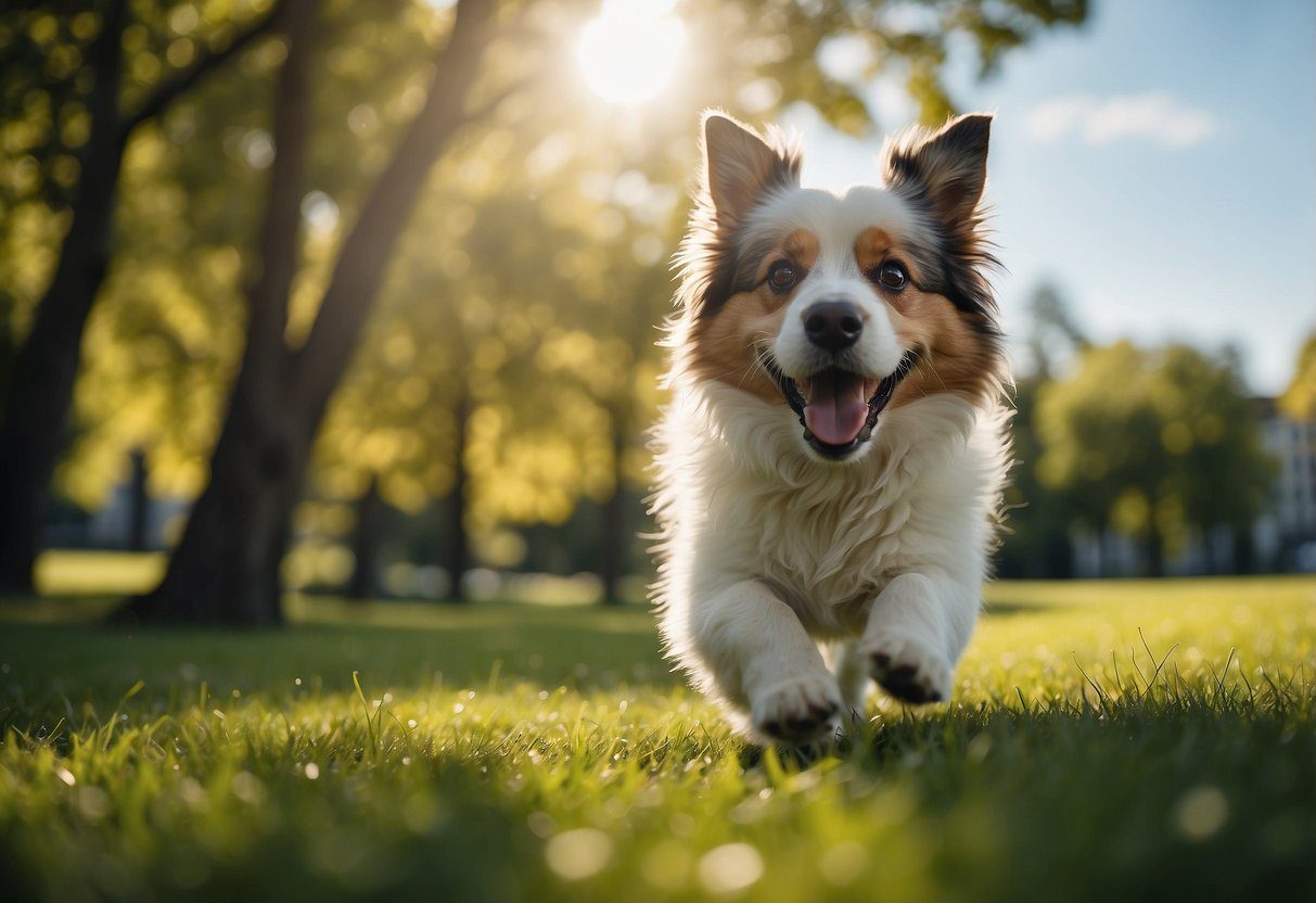 A fluffy dog runs happily through a green park, chasing a ball and wagging its tail. Sunshine and blue skies create a cheerful atmosphere