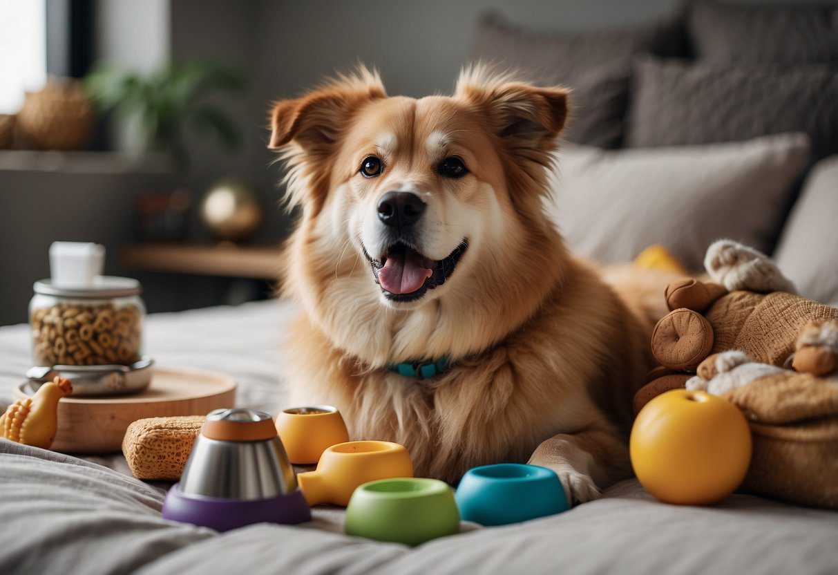 A fluffy dog surrounded by various lifestyle items, such as a cozy bed, toys, and healthy dog food bowls, with a curious expression on its face