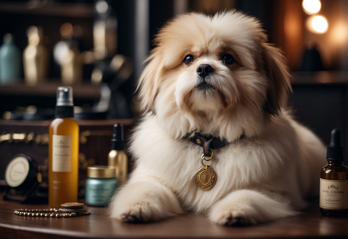 A fluffy dog sits surrounded by grooming essentials and historical artifacts