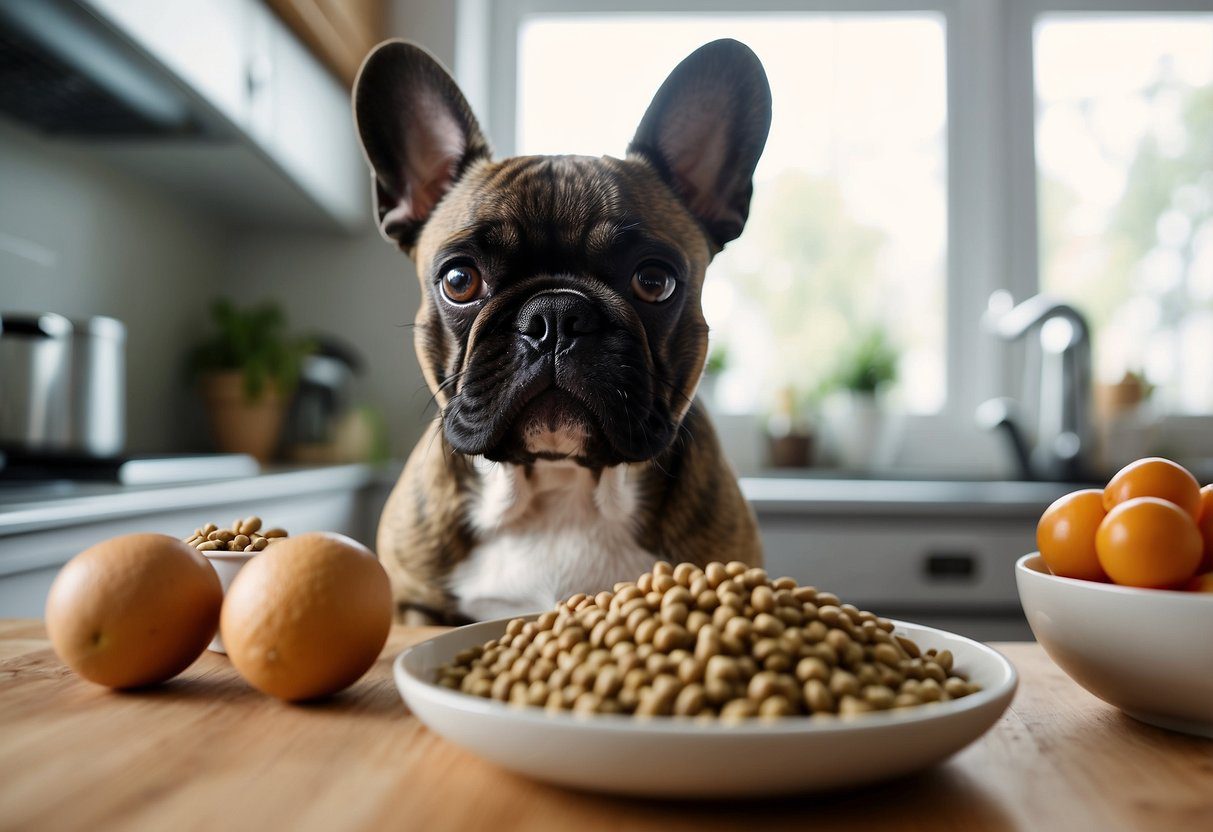 A French bulldog eagerly waits by a kitchen counter as a person prepares simple homemade dog food recipes. Ingredients and utensils are neatly arranged