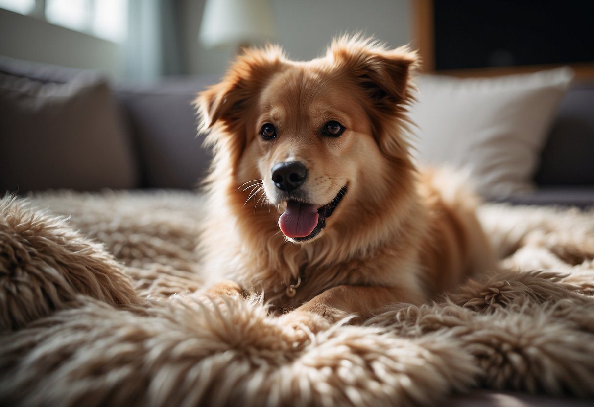 A fluffy dog stands on all fours, with a smaller, wilder ancestor in the background. The scene shows the evolution of the fluffy dog over time