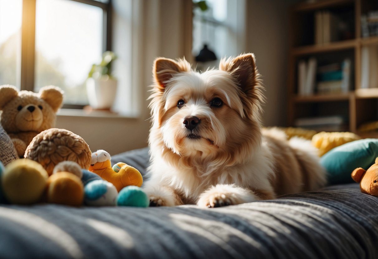 A fluffy dog lounges on a plush bed, surrounded by toys and treats. A sunny window illuminates the cozy space