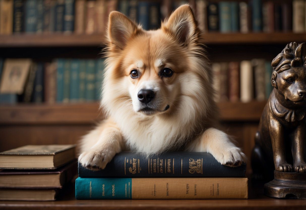 A fluffy dog surrounded by historical artifacts and books, with a curious expression and wagging tail