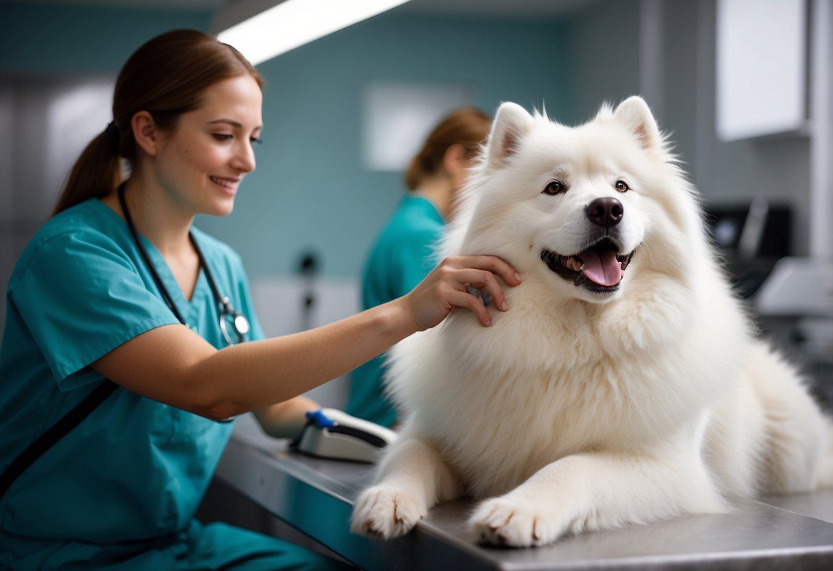 A fluffy Samoyed dog being groomed and examined by a veterinarian in a bright and clean clinic setting