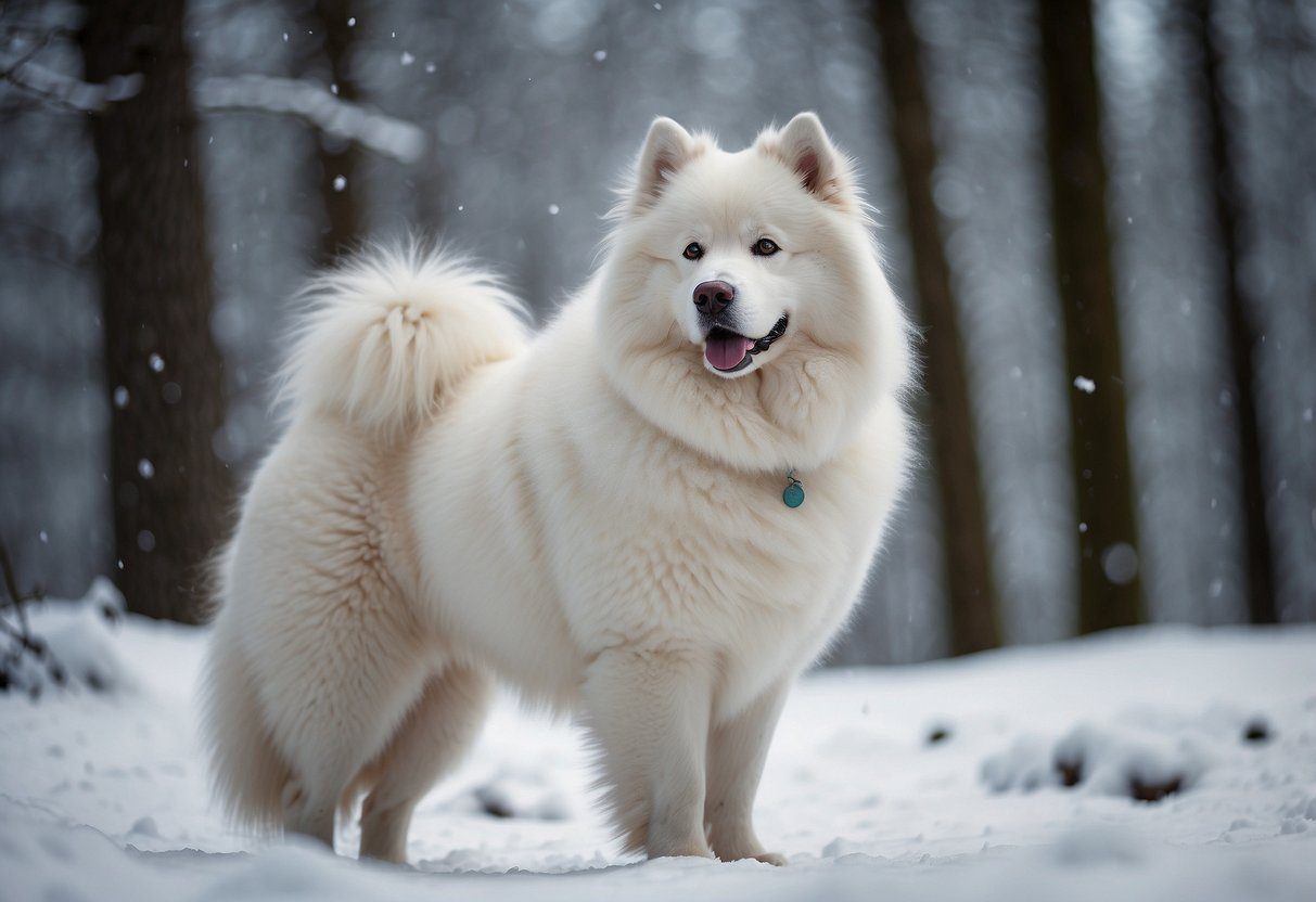 A fluffy Samoyed dog standing in a snowy forest, with trees in the background and snowflakes falling from the sky