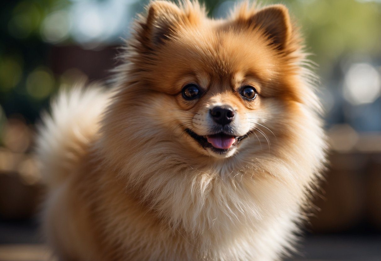 A fluffy Pomeranian with a round face and small ears stands on its hind legs, wagging its tail with a bright expression