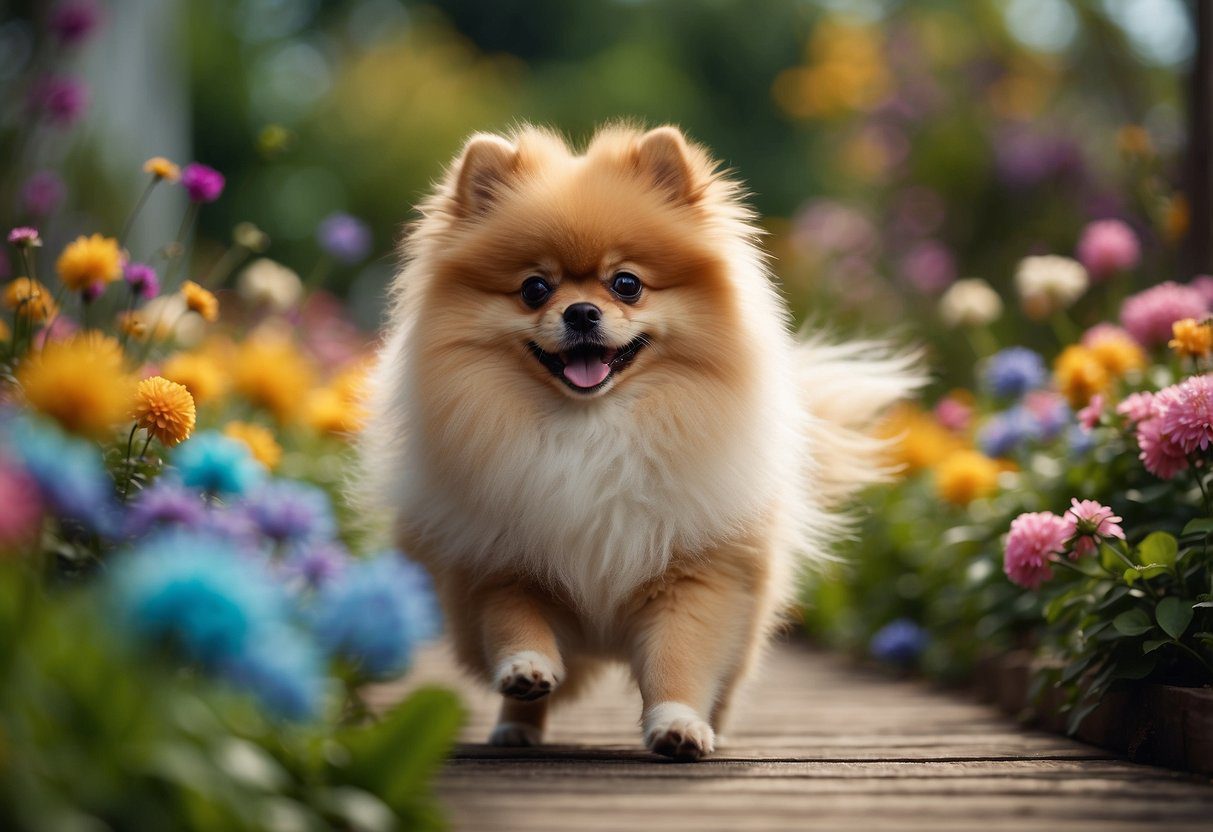 A fluffy Pomeranian prances in a vibrant garden, surrounded by colorful flowers and butterflies