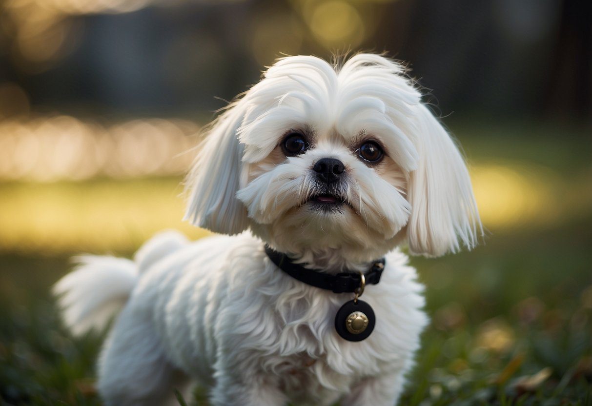 A small, fluffy Maltese dog stands alert with a silky white coat, dark round eyes, and a black button nose, exuding elegance and charm