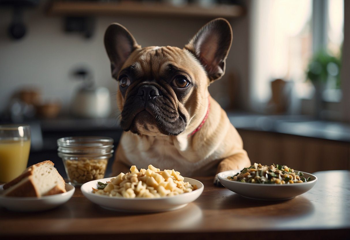 French bulldog eagerly eats homemade food from a bowl. Portions are measured and served regularly. Ingredients are visible in the background