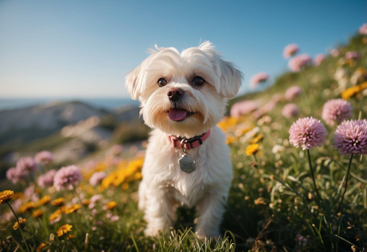 A Maltese dog stands on a grassy hill, surrounded by colorful flowers and a clear blue sky