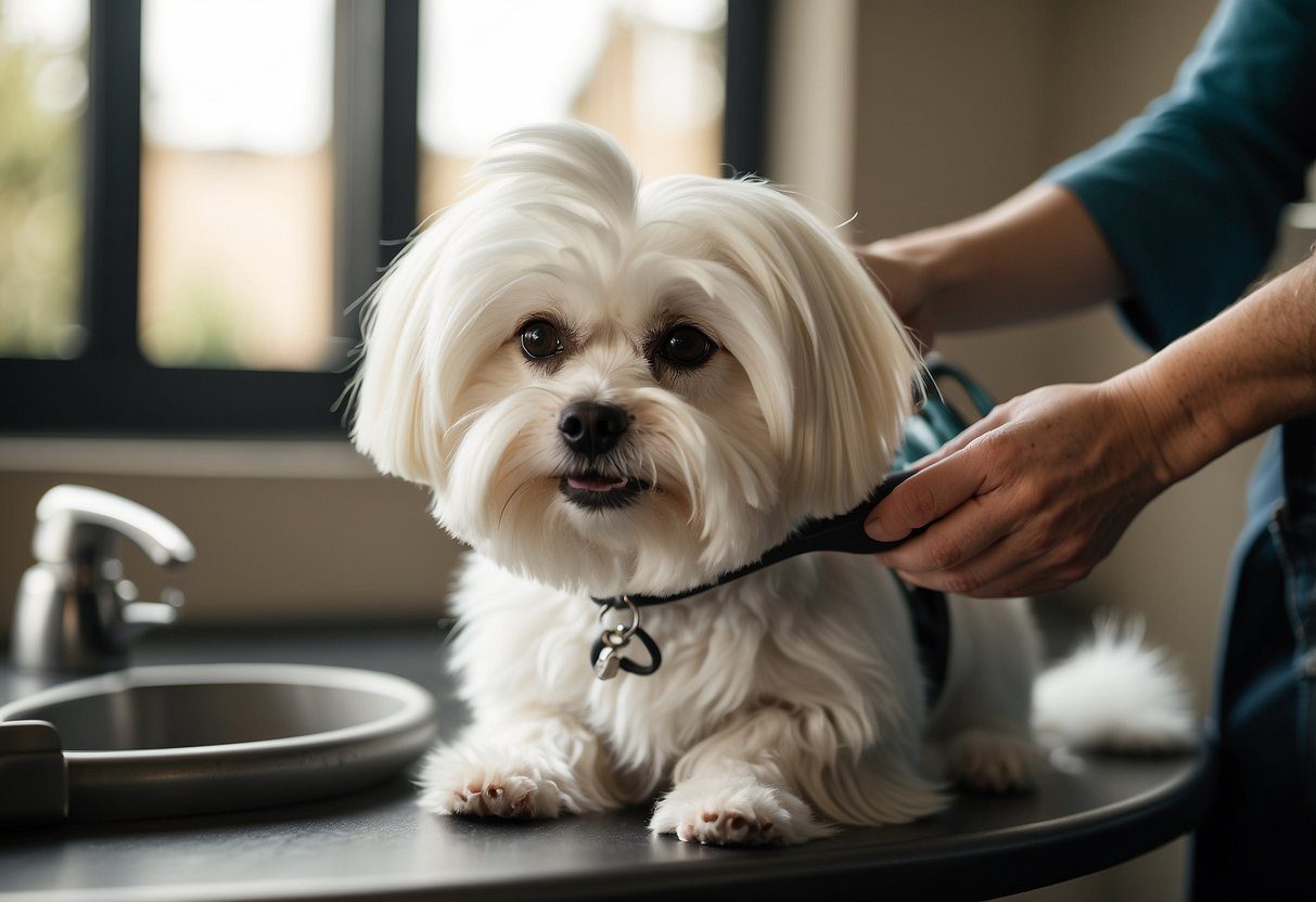 A Maltese dog being groomed and brushed by a caring owner