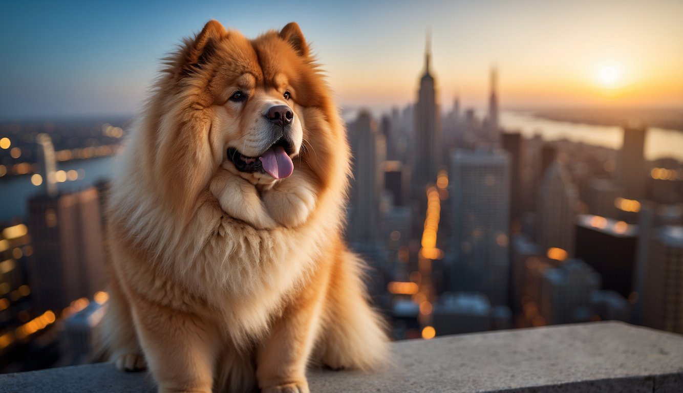 A Chow Chow dog stands proudly in front of a vibrant city skyline, with a playful expression and fluffy mane