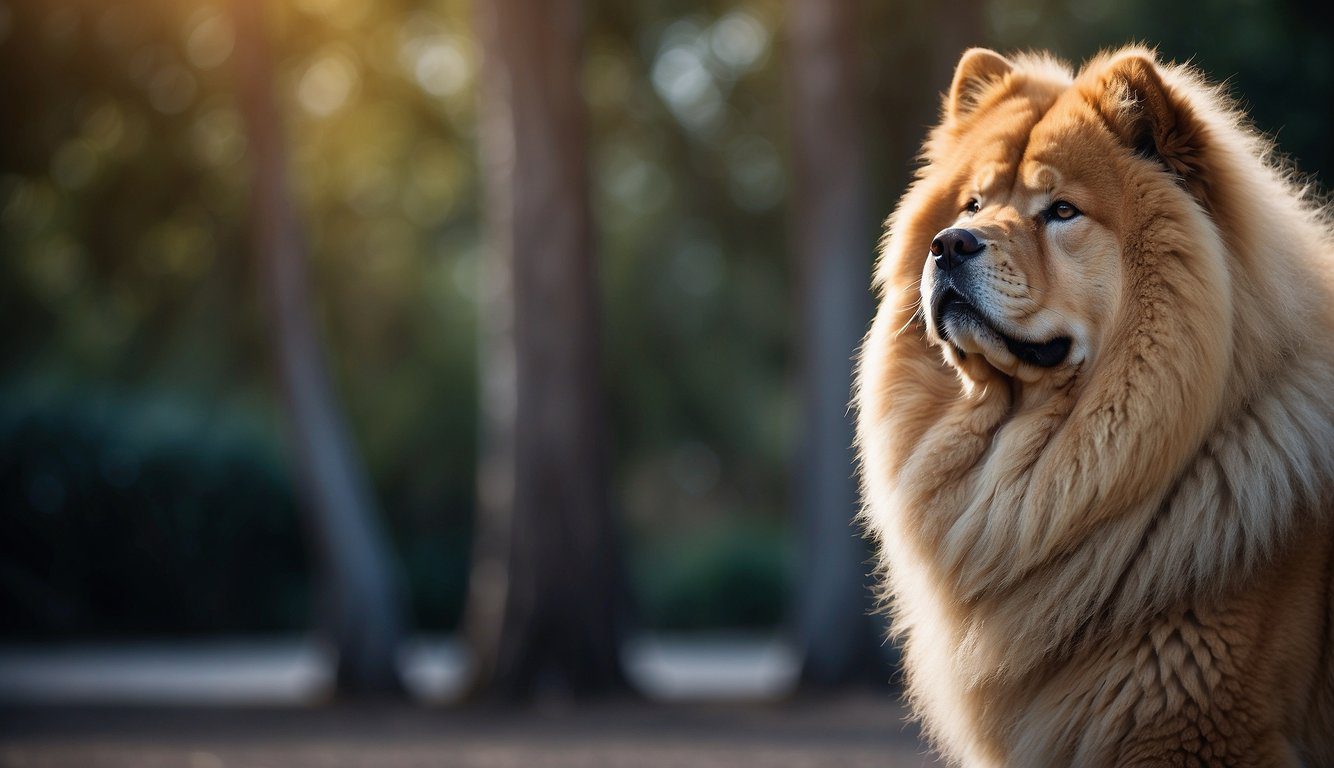 A fluffy Chow Chow stands proudly with a lion-like mane, sturdy build, and distinctive blue-black tongue, exuding an air of regal elegance