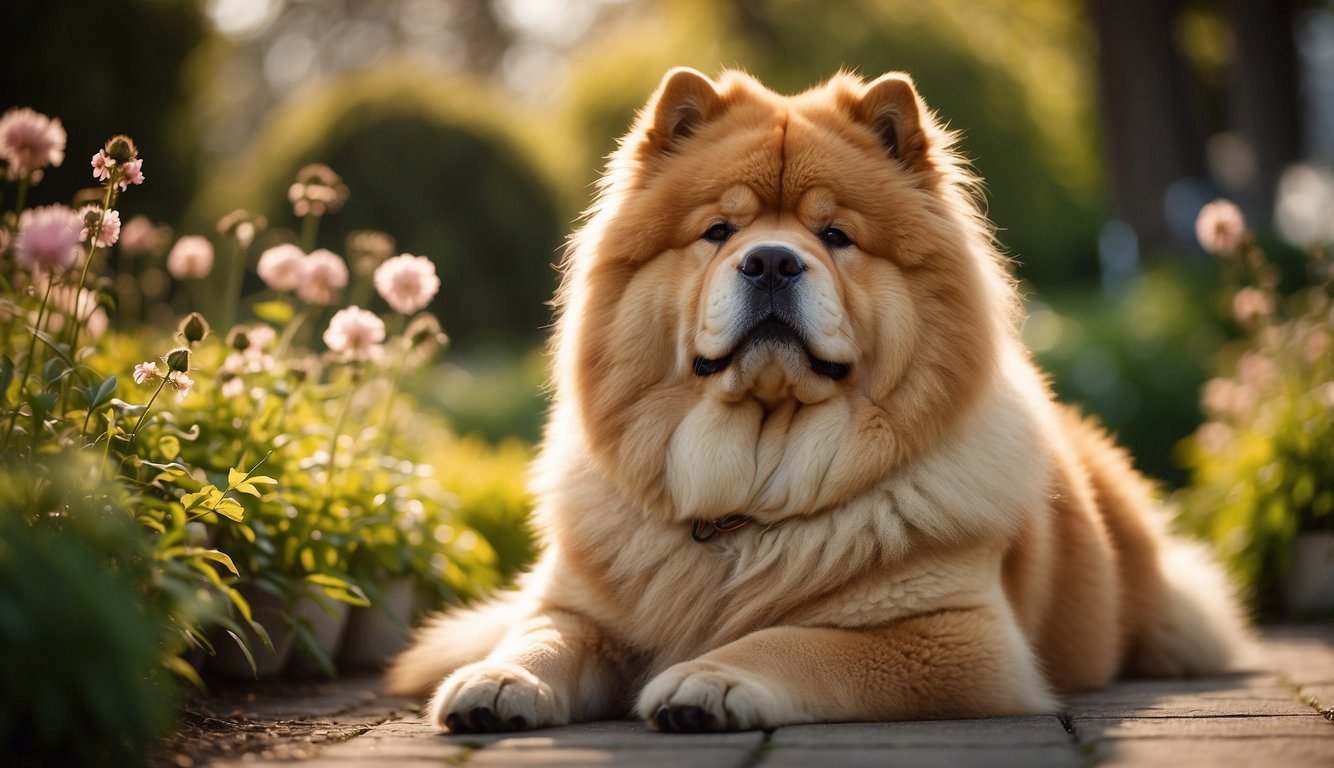 A fluffy Chow Chow sits in a peaceful garden, surrounded by blooming flowers and greenery, basking in the warm sunlight