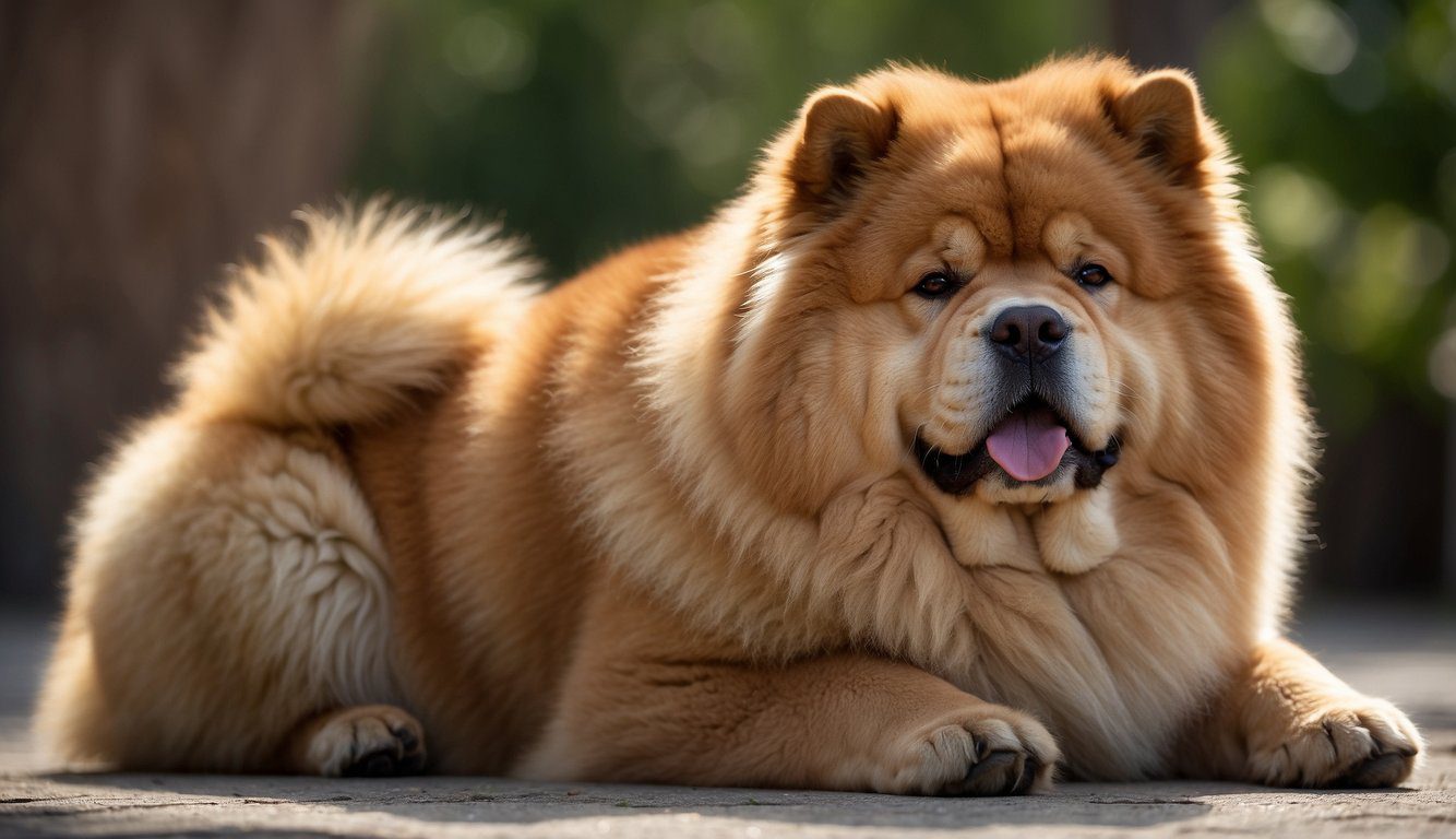 A Chow Chow sits with an aloof expression, showcasing its independent nature. Its thick fur and sturdy build exude confidence and strength