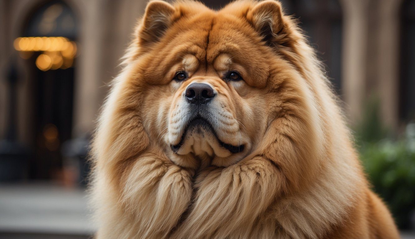 A Chow Chow stands proudly in front of a historical backdrop, showcasing its regal appearance. Its thick, lion-like mane and sturdy build reflect its history as a noble and ancient breed