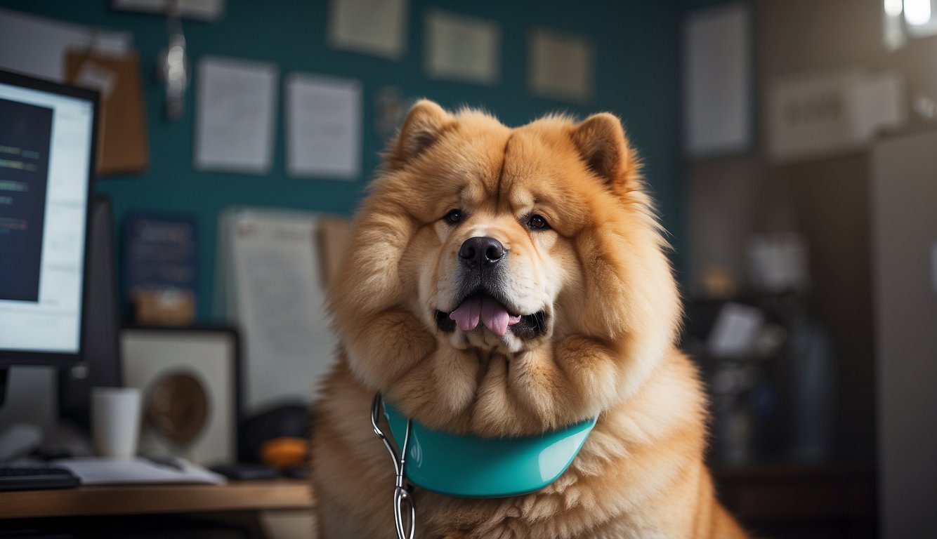 A Chow Chow dog stands proudly with a stethoscope around its neck, surrounded by images of veterinary care and health records