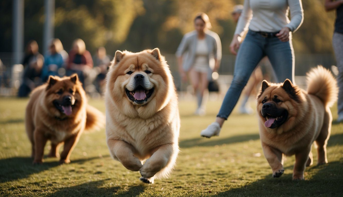 Two Chow Chows playing in a dog park, surrounded by other dogs and their owners. A trainer leads a group obedience class in the background