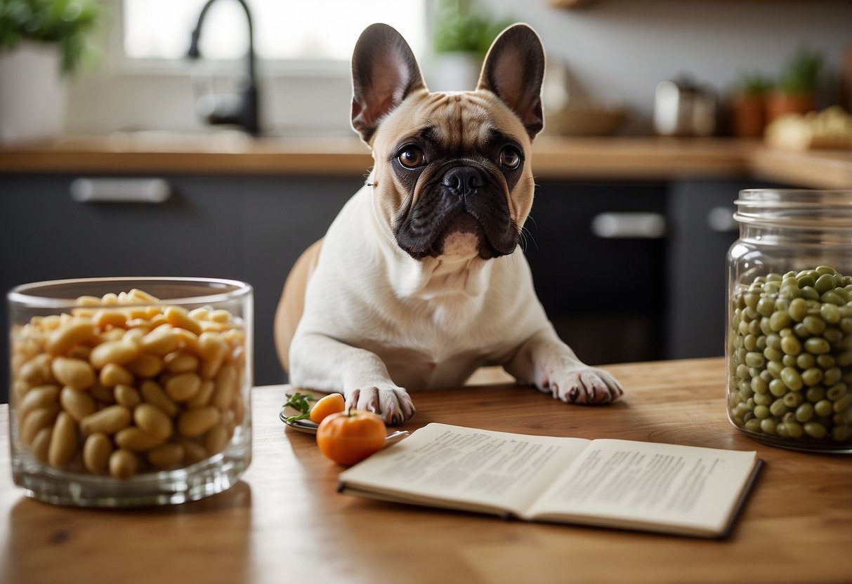 French bulldog eating store-bought dog food while homemade food sits untouched. Ingredients like onions and garlic are crossed out on a recipe card