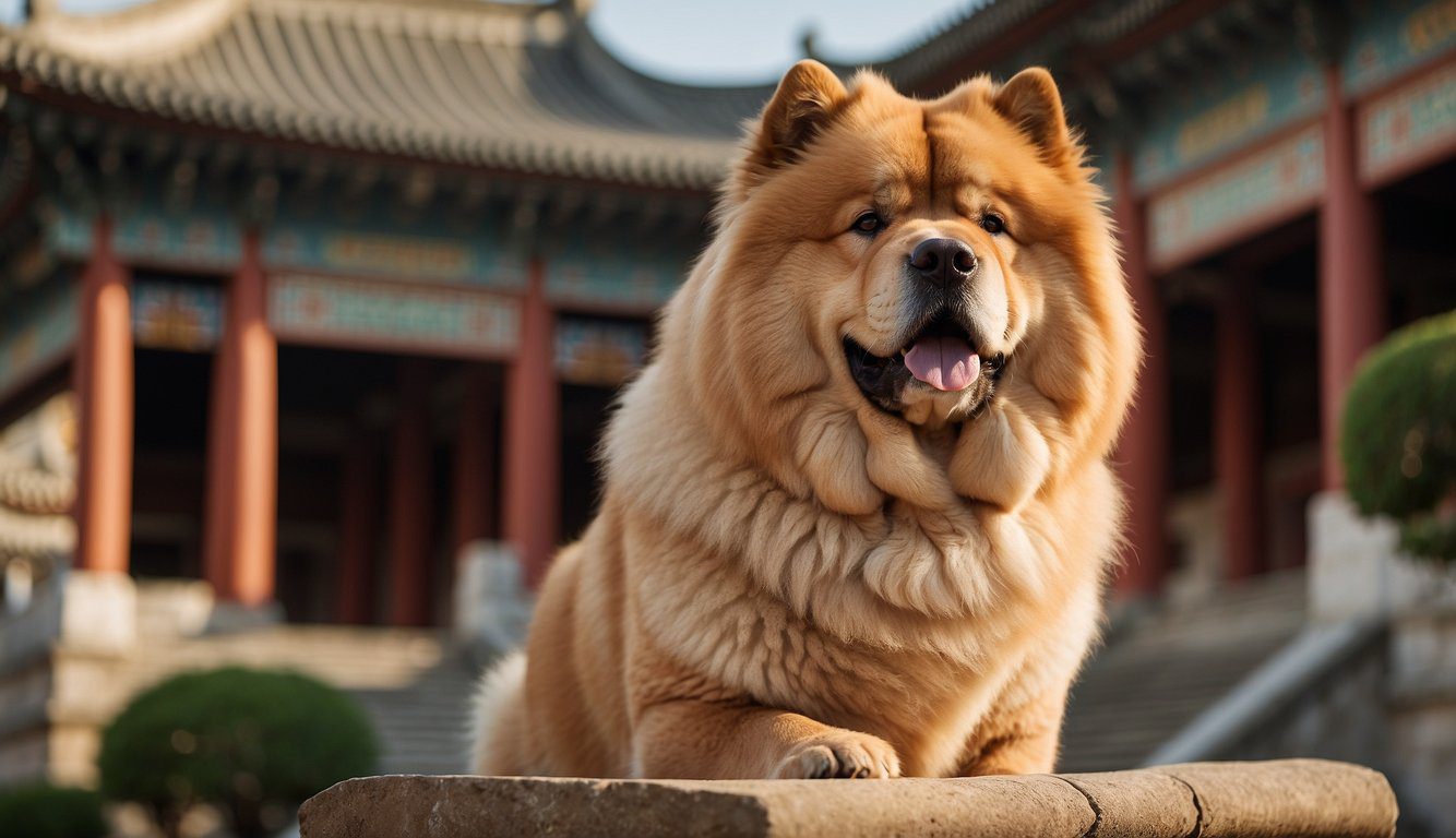 A Chow Chow dog stands proudly next to a scroll labeled "Frequently Asked Questions History of Chow Chows" in front of a backdrop of ancient Chinese architecture