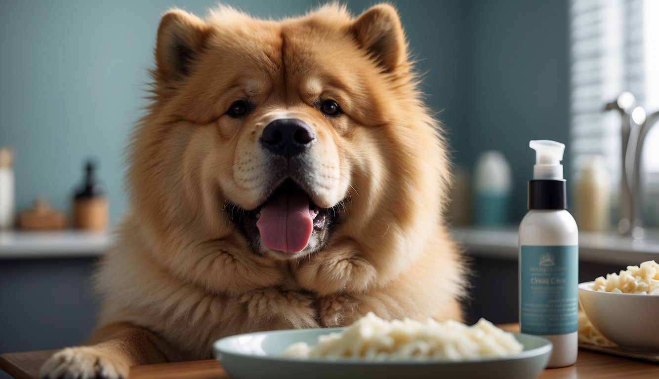 A Chow Chow dog sits calmly as enzymatic toothpaste is applied to its teeth. Grooming tools and products are neatly arranged nearby