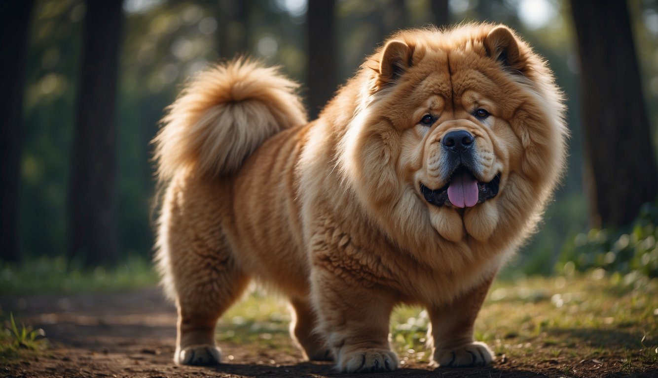 A Chow Chow stands tall, with a thick double coat and a lion-like mane. Its strong, sturdy build exudes confidence and grace, while its deep-set, almond-shaped eyes convey a sense of intelligence and alertness