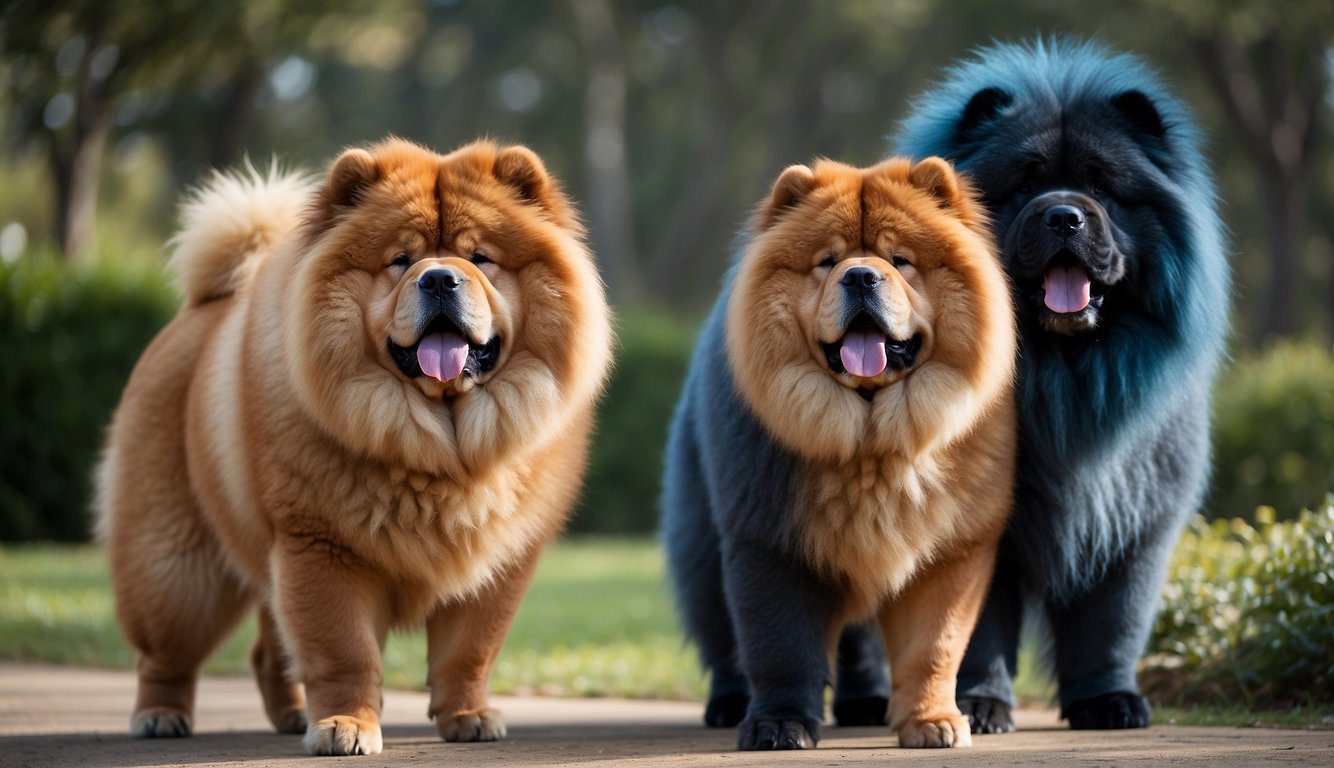 A Chow Chow standing tall, with a broad skull, small ears, and a thick double coat, displaying the breed's distinct lion-like mane and proud demeanor