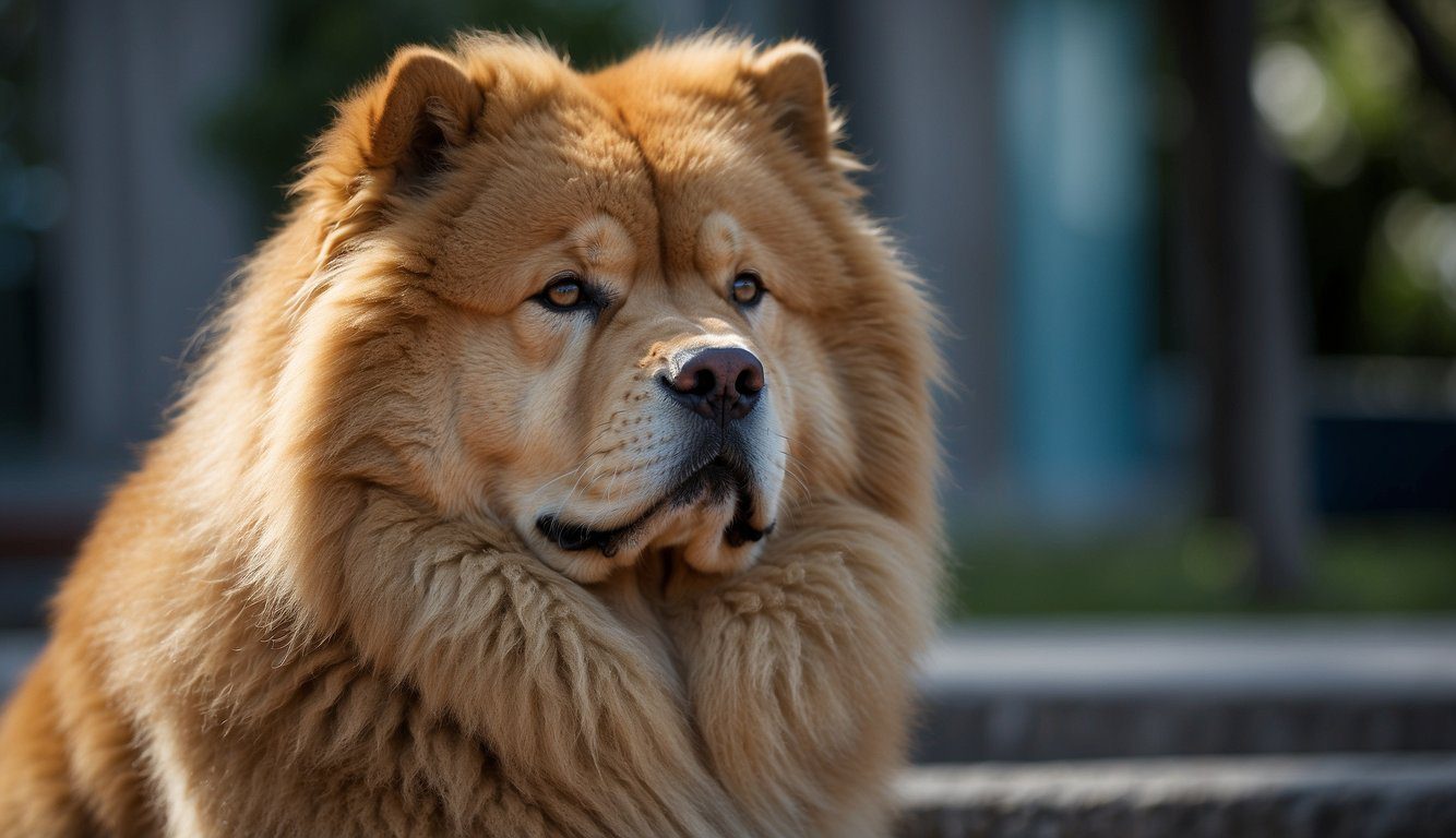 A Chow Chow stands proud, with a sturdy build and a lion-like mane. Its deep-set eyes exude a calm and aloof demeanor, while its distinctive blue-black tongue adds to its unique charm