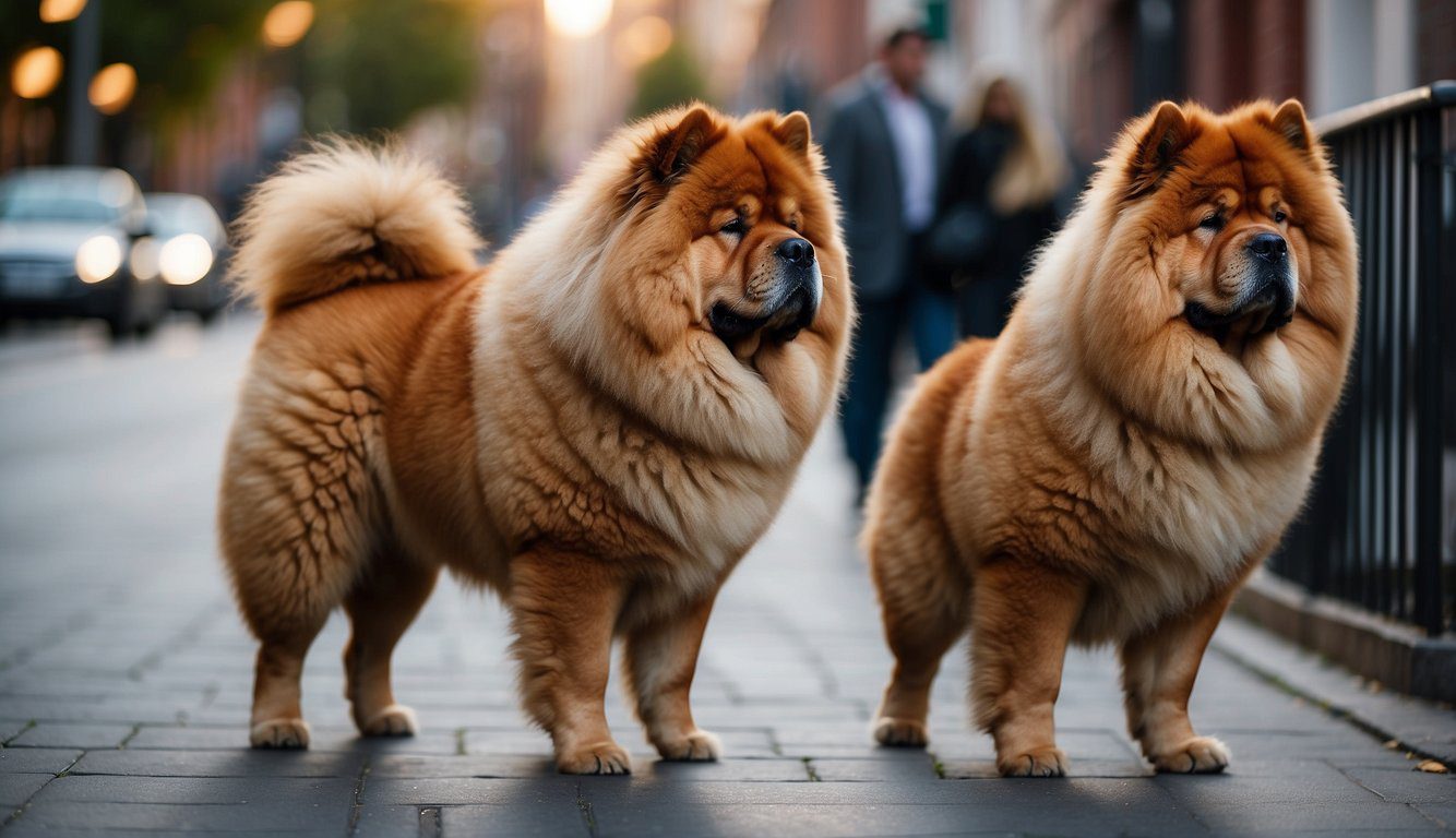 A fluffy Chow Chow stands tall, its thick coat shimmering in shades of red, black, blue, or cinnamon. The dog's proud and dignified demeanor is complemented by its well-groomed mane and mane