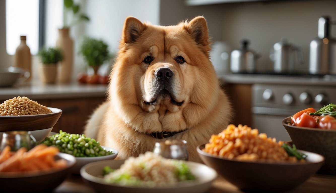 A Chow Chow surrounded by bowls of fresh meat, vegetables, and grains, with a veterinarian's approval stamp on the table