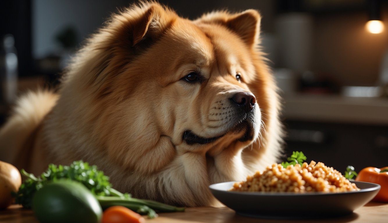 A Chow Chow dog happily eating a balanced meal of meat, vegetables, and grains, with a bowl of fresh water nearby