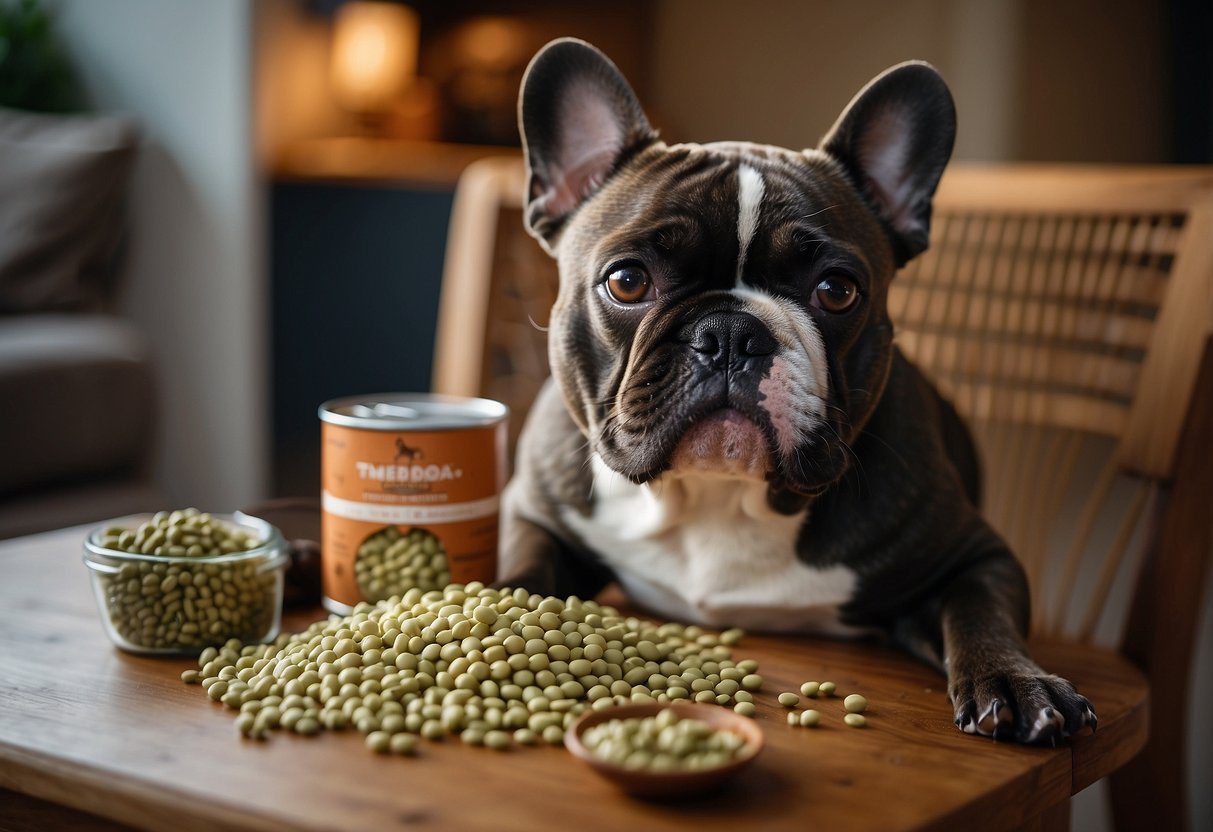 A French bulldog eagerly eats homemade dog food, as a commercial dog food bag sits untouched in the background