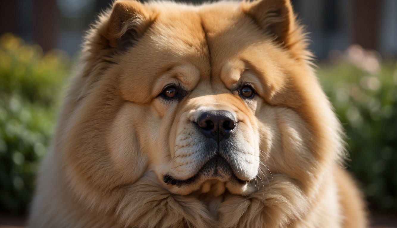 A Chow Chow sits with a stoic expression, its thick fur framing a sturdy body. A vet examines its eyes and hips, noting potential health issues