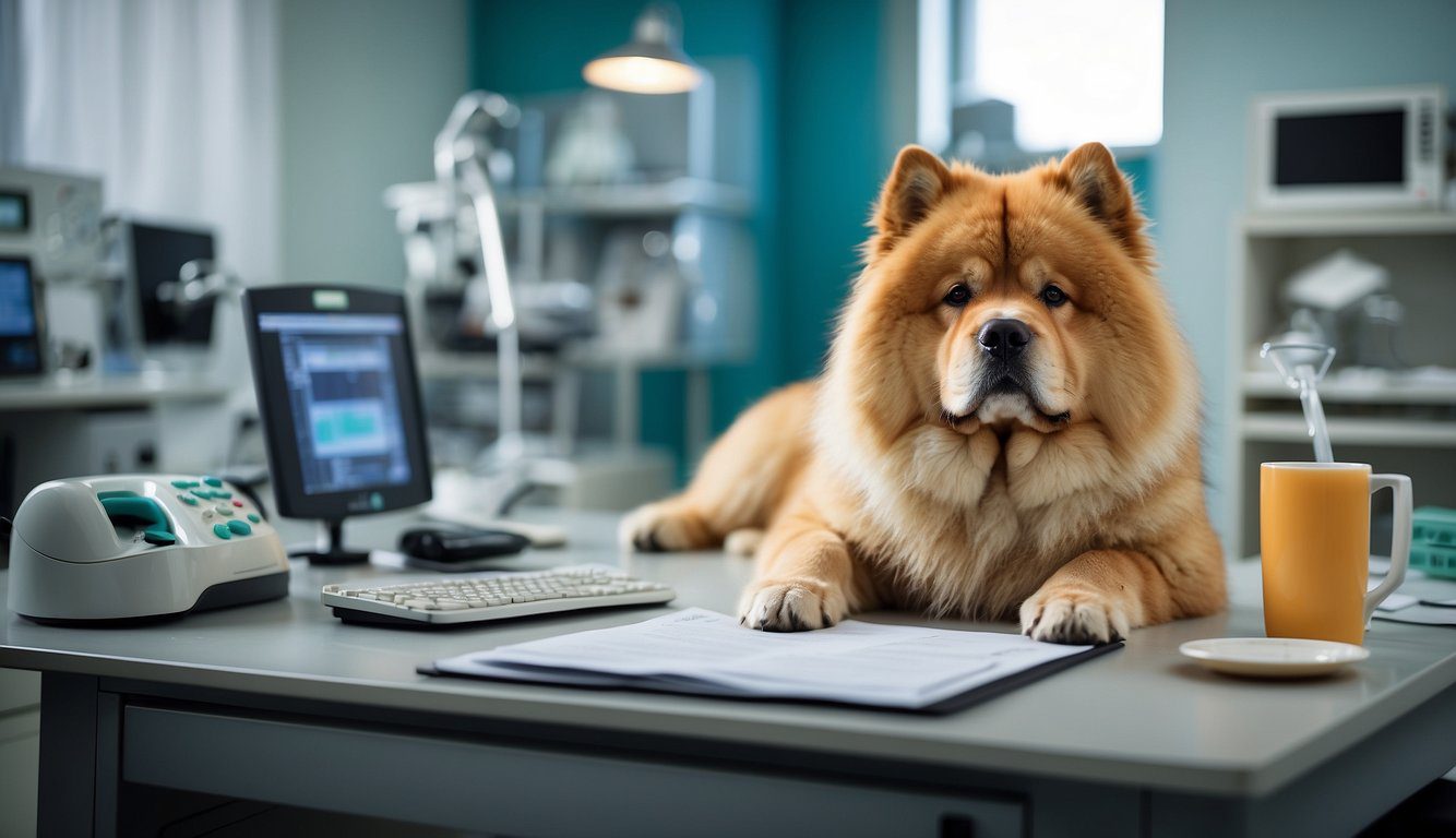 A Chow Chow dog lying on a veterinarian's table, surrounded by medical equipment and charts, with concerned owners looking on