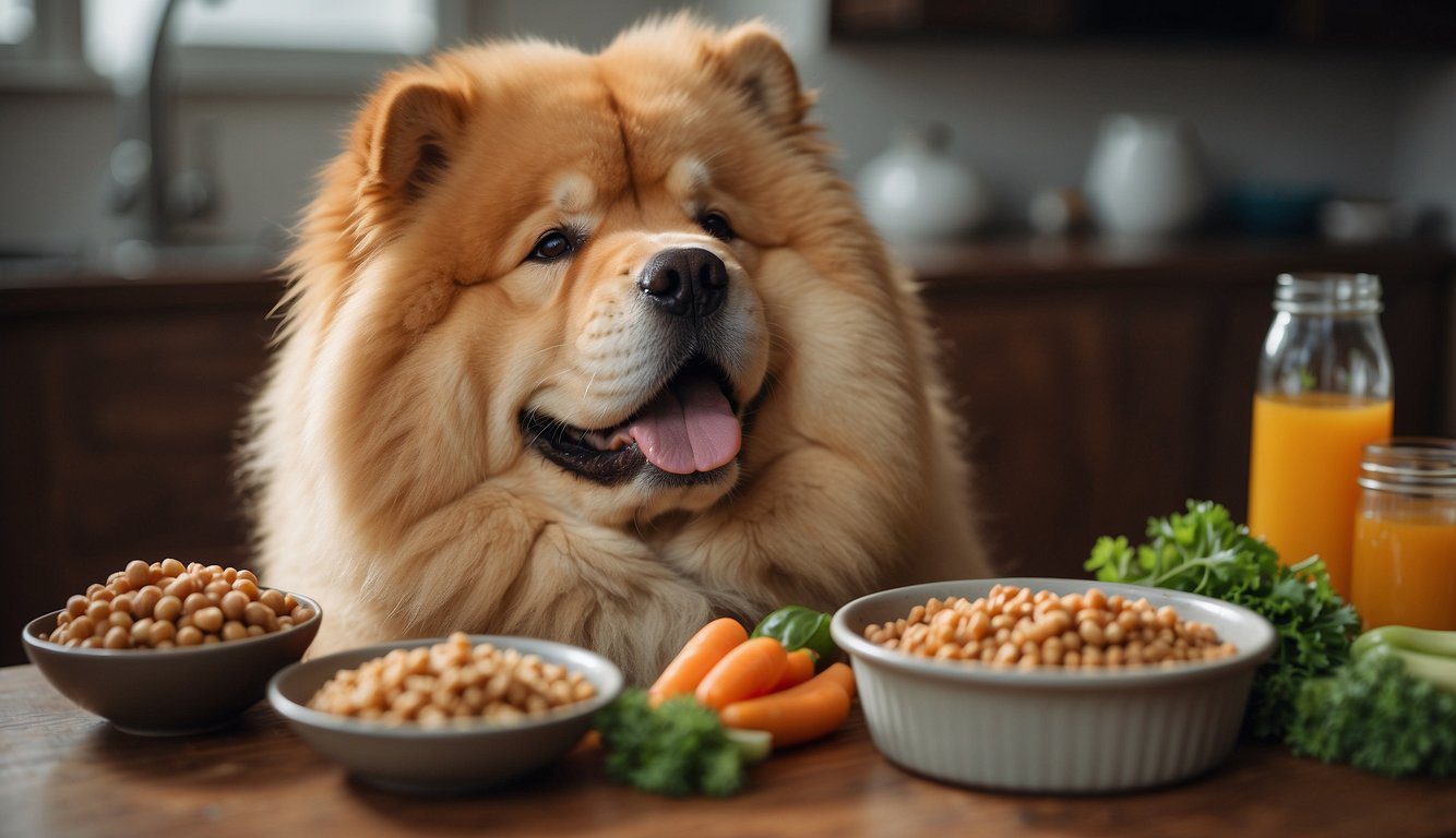 A Chow Chow dog is happily eating a balanced meal of fresh meats, vegetables, and high-quality kibble, with a bowl of clean water nearby